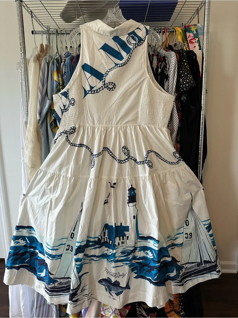 Maeve White & Navy Nautical Button-Front Midi Dress - Picture 9 of 13